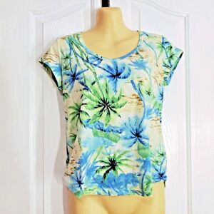 Chaps Women's Blue & Green Tropical Palm Print V-Neck T-Shirt Small Petit NWOT